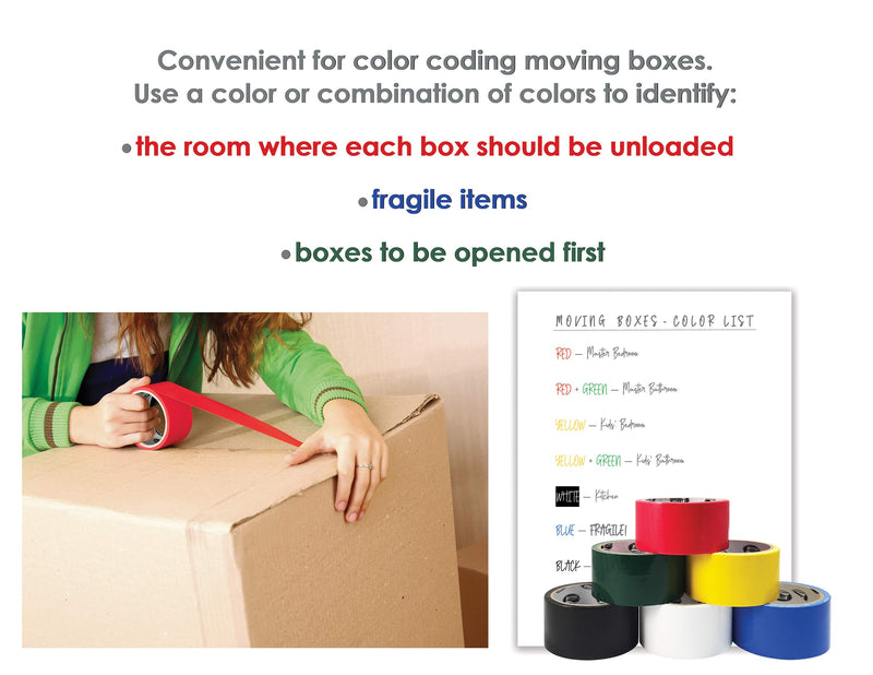 6 Pack Duct Tape, Assorted Colors - Red, White, Blue, Black, Yellow, Green - Heavy Duty Duct Tape by Better Office Products, 1.88 Inch x 10 Yards Per Roll, Easy Tear, 6 Pack, Assorted Colors