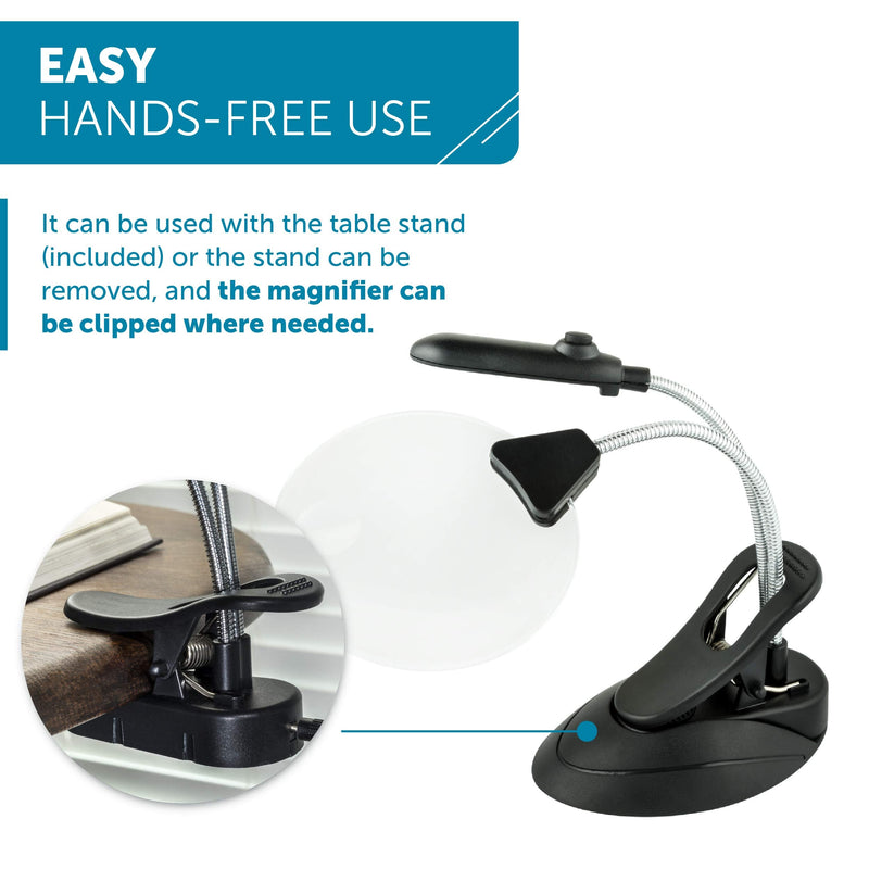 WITHit Table Magnifier with Light and Stand, 4” Lens, Black – 2X Magnifier with 4X Bubble, LED Magnifying Glass for Reading, Removeable Clip/Table Stand and USB Cord Included