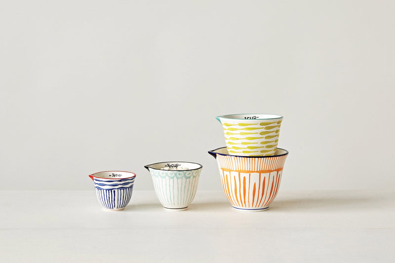 Creative Co-Op Hand Stamped Striped Stoneware Measuring Cups (Set of 4 Sizes/Designs)