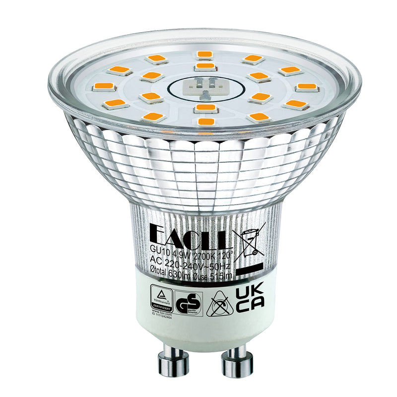 EACLL GU10 LED warm white 4.9W replaces 70W halogen bulbs, pack of 4. 515 Lumen 2700K Bulbs, AC 230V Flicker-Free Spotlights, Beam Angle 120° Spot, Not Dimmable Reflector Lamps 4.9w 2700k Warm White Light Pack of 4 (Pack of 1)