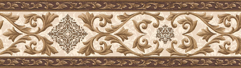 Dundee Deco DDAZBD9103 Peel and Stick Wallpaper Border - Damask Gold Brown Scrolls Wall Border Retro Design, 15 ft x 7 in (4.57m x 17.78cm), Self Adhesive
