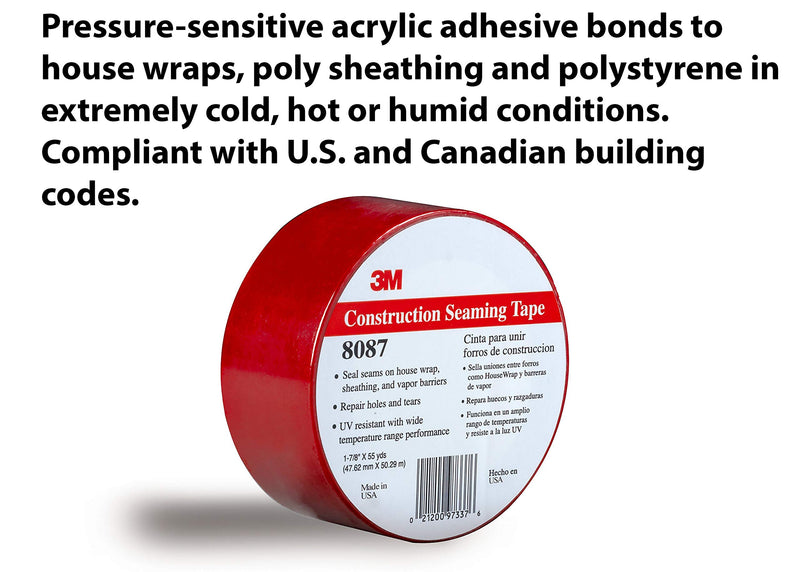 3M Construction Seaming Tape 8087CW, 1 Roll, Red, 72 mm x 50 m, Sheathing Tape for Seaming, Splicing, Sealing, and Repairing Moisture Barriers, Flexible in Cold Weather and High Heat