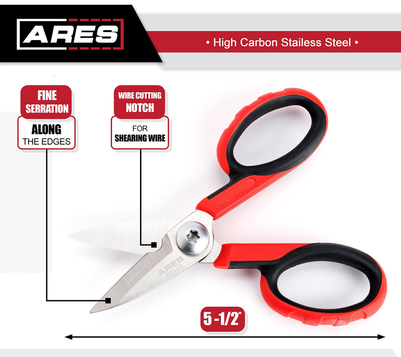 ARES 70105 - 5 1/2-Inch Multi-Purpose Heavy Duty Shears - Finely Serrated High Carbon Stainless Steel Blades - Cuts Wire, Insulation, Soft Cable and More