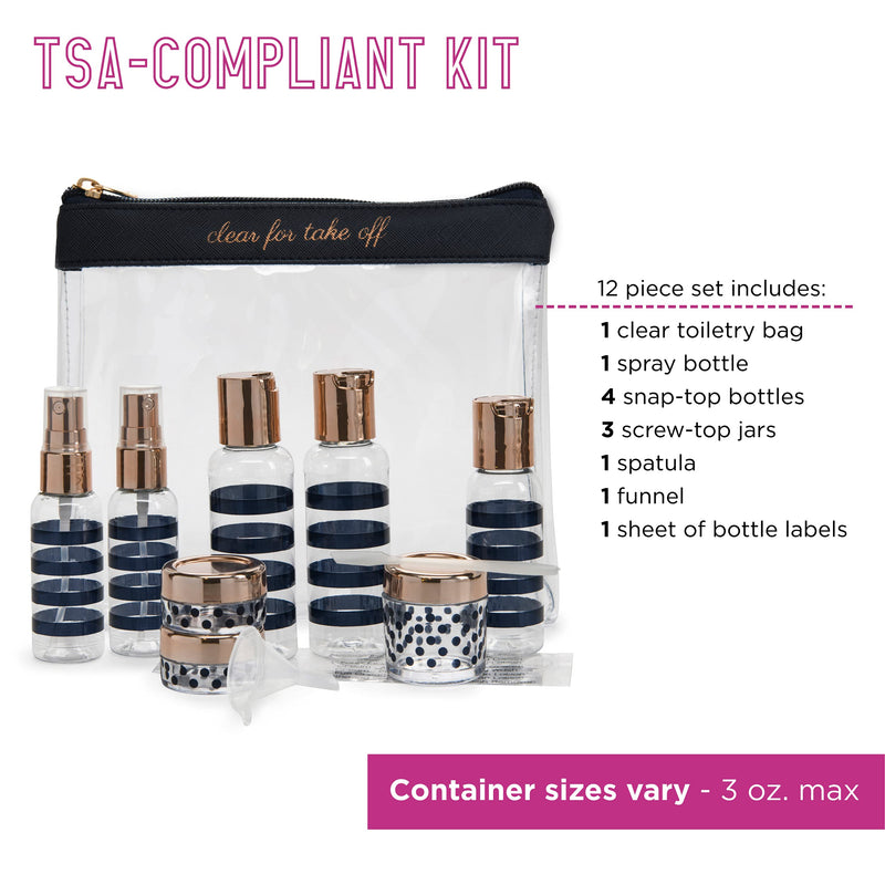 Miamica Women's TSA Compliant Travel Bottles and Toiletry Bag Kit, 12 Piece, Navy, One Size