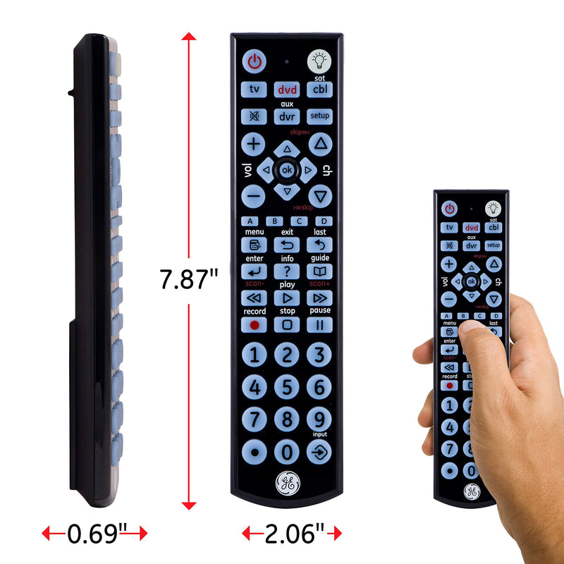 GE Big Button Backlit Universal Remote Control for Samsung, Vizio, Lg, Sony, Sharp, Roku, Apple TV, RCA, Panasonic, Smart TVs, Streaming Players, Blu-Ray, DVD, 4-Device, Black, 34455