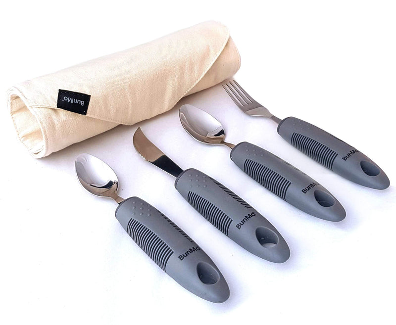 BunMo Adaptive Utensils for Elderly/Arthritis/Weak Hand Grip & Handicapped - Convenient Travel Pouch