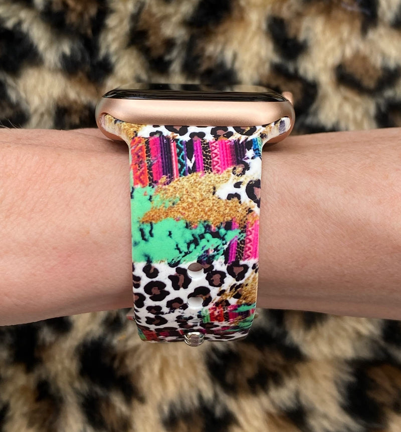 LuxBands Leopard Printed Watch Band Compatible with Apple Watch Bands 38mm 40mm 41mm 42mm 44mm 45mm Silicone Replacement for iWatch Series 8 7 6 5 4 3 2 1 SE, Leopard Serape Western 42-45mm Small/Medium