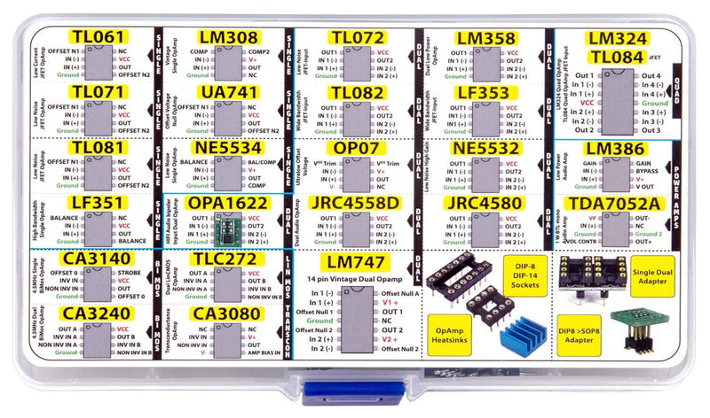 OpAmp Assortment 70 pcs incl. Sockets, TL061 TL071 TL081 UA71 LM308 LF351 LF353 NE5534 TL084 OPA1622 LM324 TL072 TL082 LM358 LM747 OP07 JRC4558D Dual NE5532 LM386 CA3080 CA3140 CA3240 TLC272 TDA7052