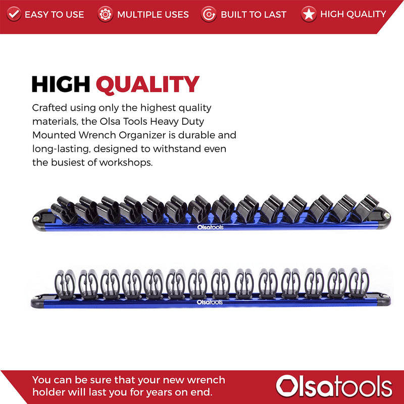 Olsa Tools Wall Mount Wrench Organizer with Rotating Clips | Blue Anodized Aluminum + Black Clips | Premium Quality Wrench Holder | 14 Wrenches Fit Rack Blue Aluminum + Black Clips