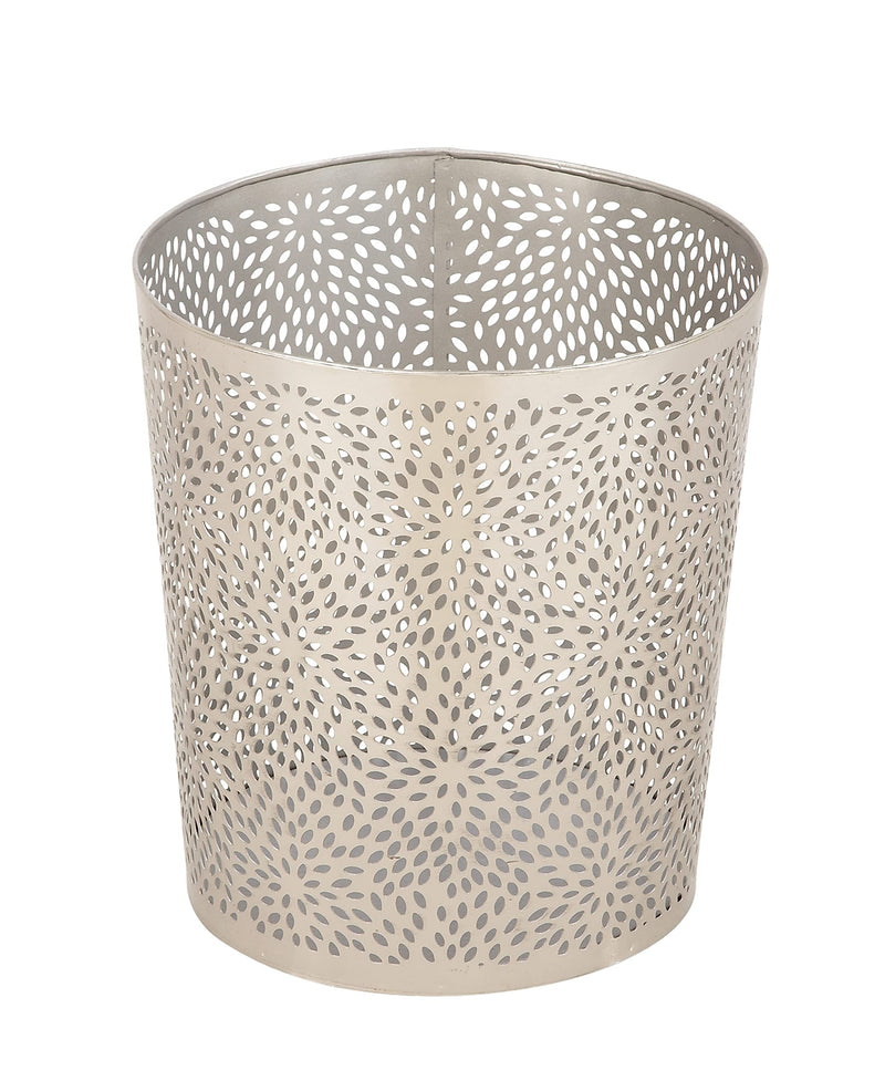 CosmoLiving by Cosmopolitan Metal Cylinder Small Waste Bin with Laser Carved Floral Design, 9" x 9" x 10", Silver Petals