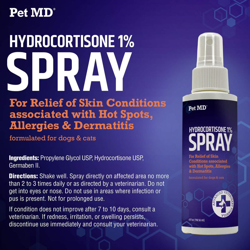 Pet MD Hydrocortisone Spray for Dogs, Cats, Horses - Itch Relief Spray for Hot Spots, Flea and Insect Bites, Irritated Dry Itchy Skin, Allergies, and Dermatitis - Reduces Topical Inflammation - 4 oz