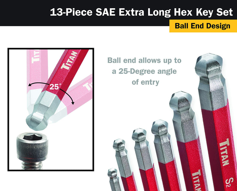 Titan 12713 Extra-Long Arm Ball Tip SAE Hex Key Set, 13 Piece , Red