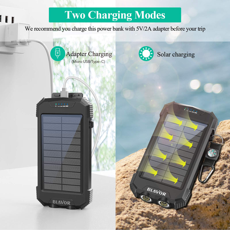 Solar Charger Power Bank, Qi Wireless Charger 10,000mAh External Battery Pack Type C Input Port Dual Flashlight, Compass, Solar Panel Charging (Black) Black