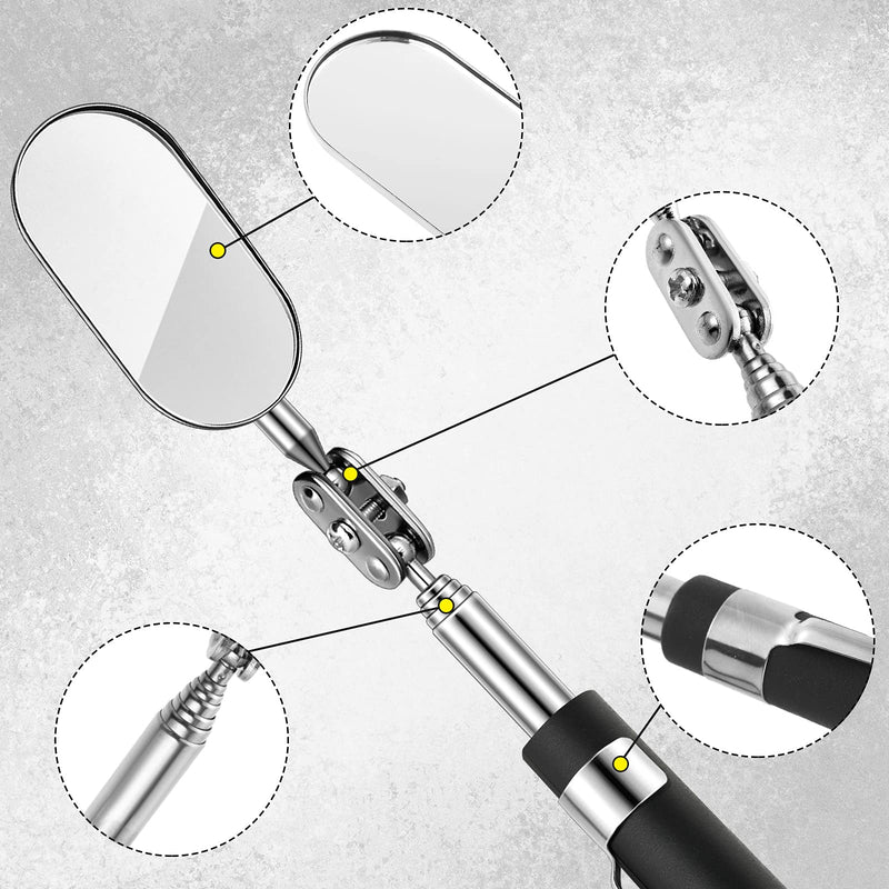 3 Pieces Telescoping Inspection Mirror Round Mirror Square Mirror Inspection Tool for Checking Vehicle, Observing Eyelashes Mouth and Other Small Parts (Extended, with Light, Oval Style) Extended, With Light, Oval