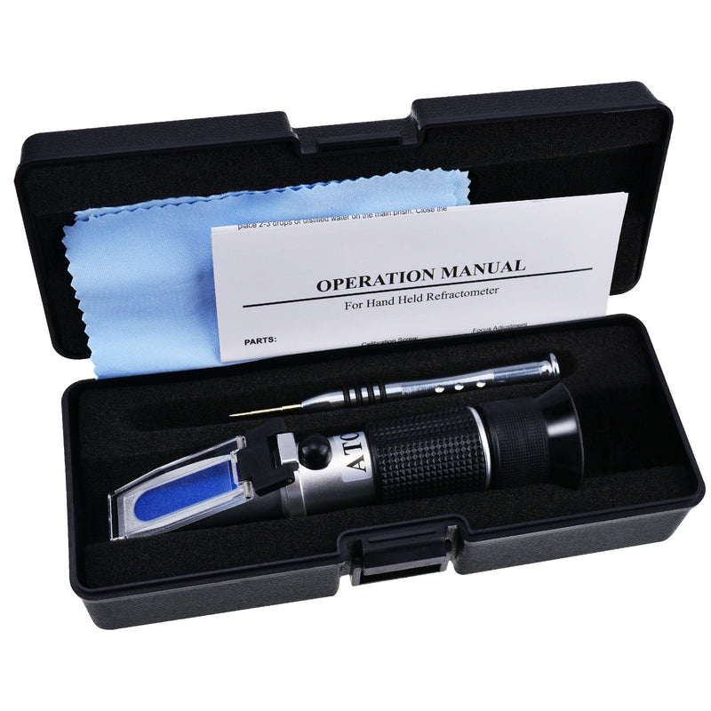 TEKCOPLUS measuring device for determining the refractive index of liquid or solid, transparent substances by refractometry. Tripled size 58-90% Brix