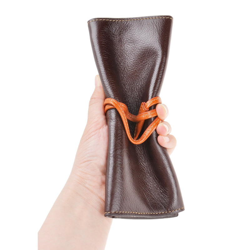 ZLYC Handmade Leather Pen Case Pencil Holder Soft Roll Wrap Bag Pouch Stationery Gift for Students, Coffee
