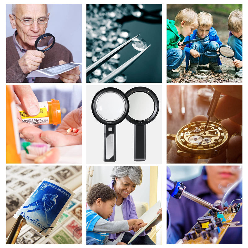 Magnifying Glass with Light, USB Rechargeable 5X 10X 15X Handheld Large Double Lens Loupe Magnifier with 8 Light for Macular Degeneration, Seniors Reading, Inspection, Map, Coins, Jewelry, Exploring