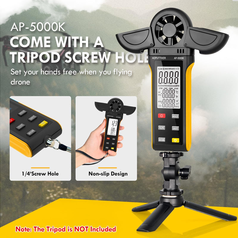 AOPUTTRIVER AP-5000K Digital Anemometer Handheld Wind Meter with 270° Rotating Detector and Double Wing Cover, Backlit Anemometer, MAX/MIN/AVG, Temperature