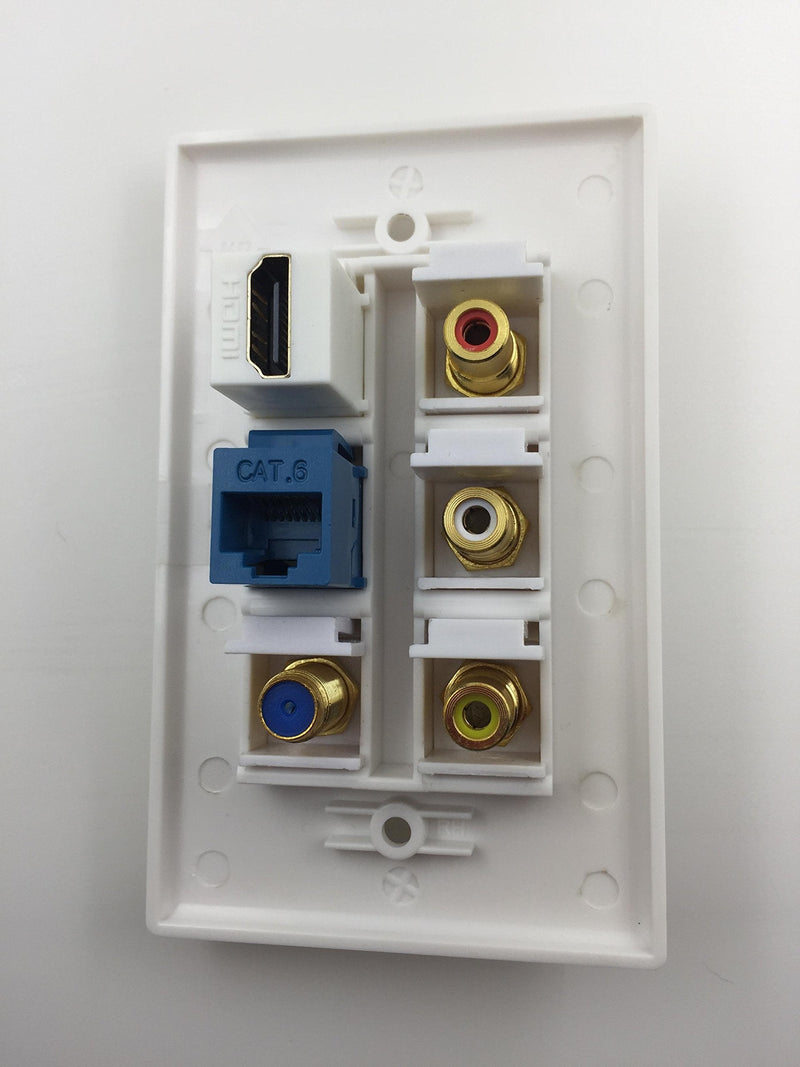 IBL- 6 Port Wall Plate with 3 RCA+F coaxial Cable TV+Cat6 ethernet+HDMI Female to Female in White