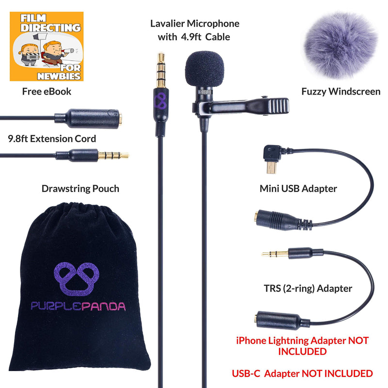Purple Panda Lavalier Lapel Microphone Kit - Clip-on Omnidirectional Condenser Lav Mic Compatible with iPhone, iPad, GoPro, DSLR, Zoom/Tascam Recorder, Samsung, Android, PS4