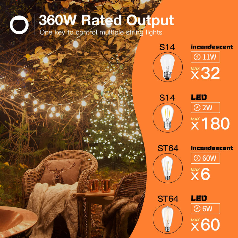 addlon - Dimmer for Outdoor String Lights, 360W, Timing 1h/2h/3h/4h, 4 Brightness Level, Remote Control Kit, Control LED String Lights, Convenient Life Style