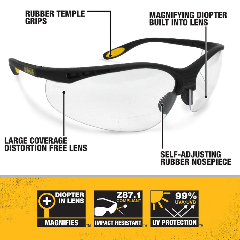 Dewalt DPG59-130C Reinforcer Rx-Bifocal 3.0 Clear Lens High Performance Protective Safety Glasses with Rubber Temples and Protective Eyeglass Sleeve