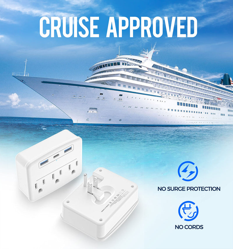 Cruise Power Strip Foldable Non Surge Protector with USB C Outlets 3.4A Total, Multi Plug Wall Socket, Cruise Essentials Accessories Must-Haves for Travel Ship, Home, Japan Applicable white