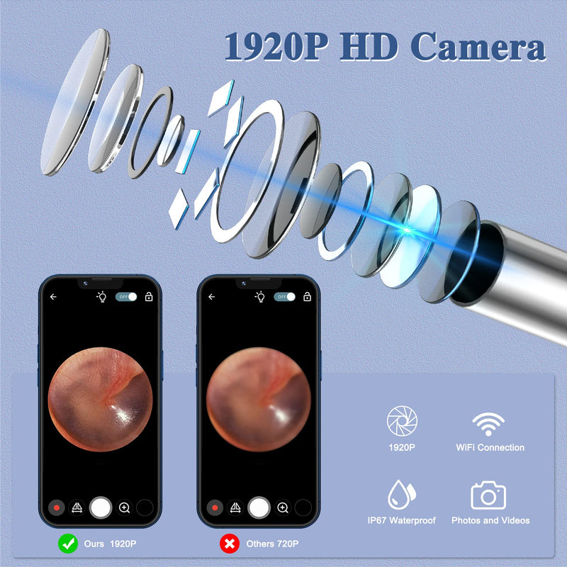 Earwax Remover Otoscope, LMECHN Endoscope Camera IP67 Waterproof, 1920P Wifi Ear Cleaner, Endoscope with 3.5 mm Lens and 6 LEDs for iPhone, iPad and Android Smartphones. (Black)