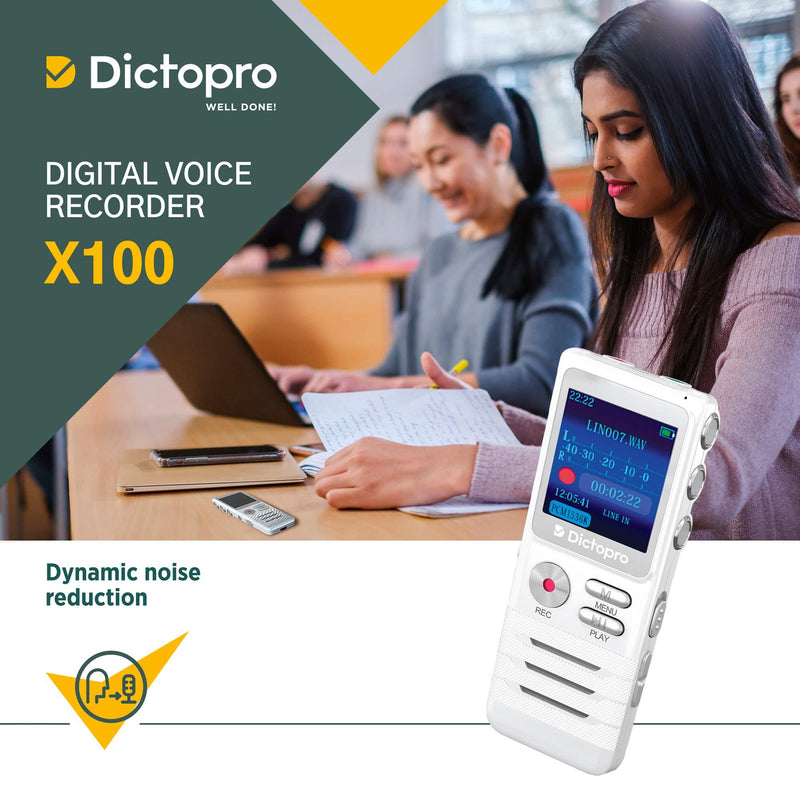 Digital Voice Activated Recorder by Dictopro- Easy HD Recording of Lectures and Meetings with Double Microphone, Noise Reduction Audio, Sound, Portable Mini Tape Dictaphone, MP3, USB, 8GB