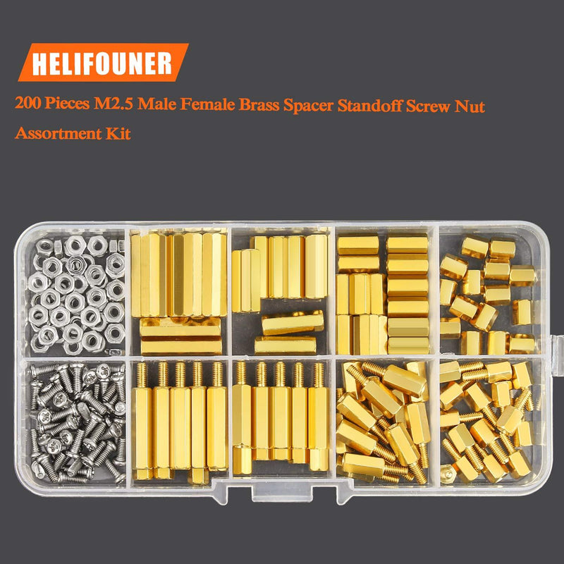 HELIFOUNER 200 Pieces M2.5 Male Female Hex Brass Spacer Standoff Screw Nut Assortment Kit