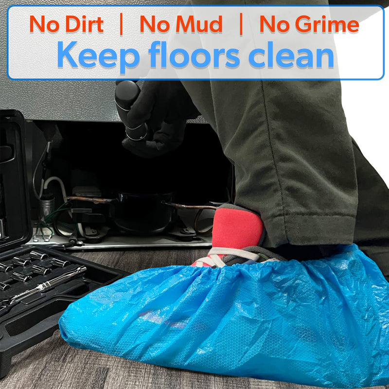 GSD Brand 100 Pack Extra Large Blue Disposable Non-Slip Boot & Shoe Covers. Waterproof Indoor Use Premium Durable Booties with Non Skid Treads. Fits US Men's Size 14 and Women's 16 Shoe Size