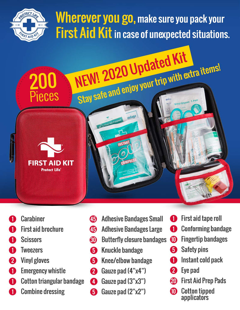 First Aid Kit - 200 Piece - for Car, Home, Outdoors, Sports, Camping, Hiking or Office | Red Case Fully Packed with Emergency Supplies