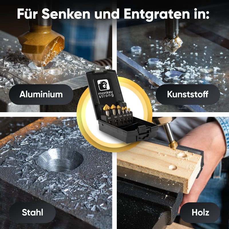 monkeystrong countersink 90° Ø 6.3-20.5 mm made of HSS steel - really sharp - countersink and deburrer set for wood, metal and plastic in a practical TIN storage box