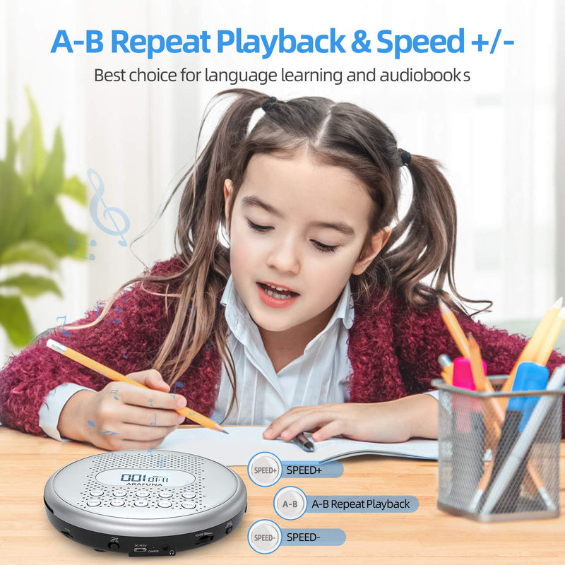 CD Player Portable, ARAFUNA Rechargeable Portable CD Players for Car with Speakers, Anti-Skip Walkman CD Player with Backlit Button, LCD Display and AUX Cable