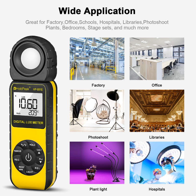 Light Meter-HOLDPEAK 881E Digital Illuminanc/Light Meter with 0.01~300,000 Lux (0.01~30,000 FC) Measuring Ranges and 270° Rotatable Detector for LED Lights and Plants Lumen Meter HP-881E(0.1 - 200,000Lux / 1 - 20,000FC)