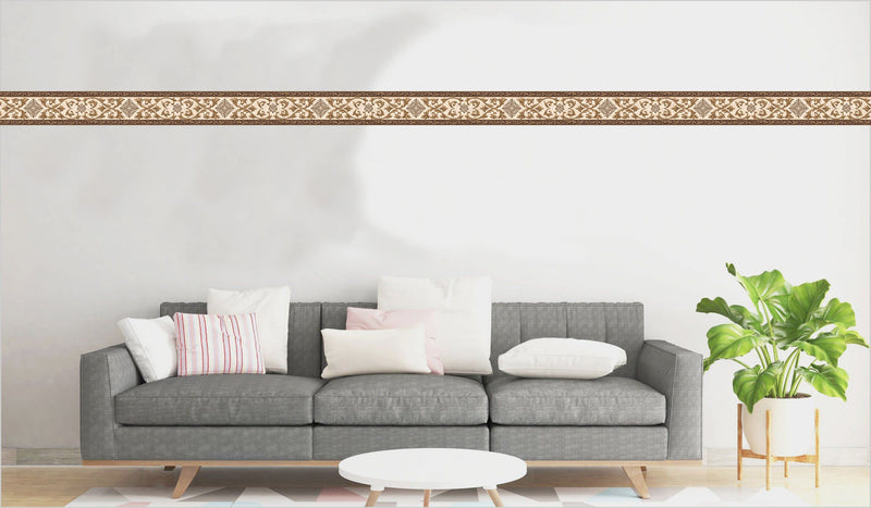 Dundee Deco DDAZBD9103 Peel and Stick Wallpaper Border - Damask Gold Brown Scrolls Wall Border Retro Design, 15 ft x 7 in (4.57m x 17.78cm), Self Adhesive