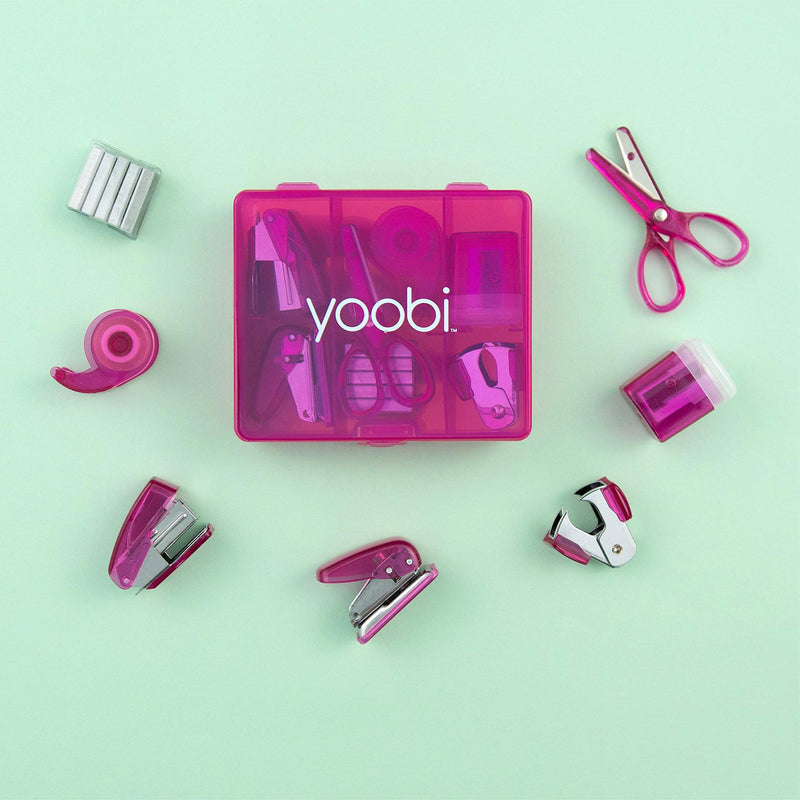 Yoobi Mini Supply Kit for Kids | Pencil Sharpener, Scissors, Stapler, Staple Remover, Tape & More | Home or School | Pink | Pack of 2 2 Pack