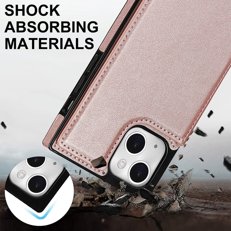 DEFBSC Compatible with iPhone 14 Case, Crossbody Wallet Case, Adjustable Detachable Lanyard Neck Strap with Kickstand Leather Card Holder Protective Cover for iPhone 14 6.1"-Rose Gold Rose Gold