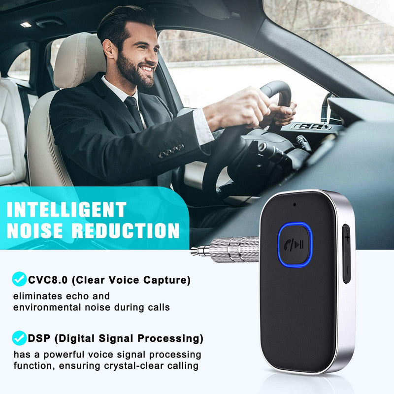 [2021 Upgraded] COMSOON Bluetooth 5.0 Receiver for Car, Noise Cancelling Bluetooth AUX Adapter, Bluetooth Music Receiver for Home Stereo/Wired Headphones/Hands-Free Call,16H Battery Life-Black+Silver