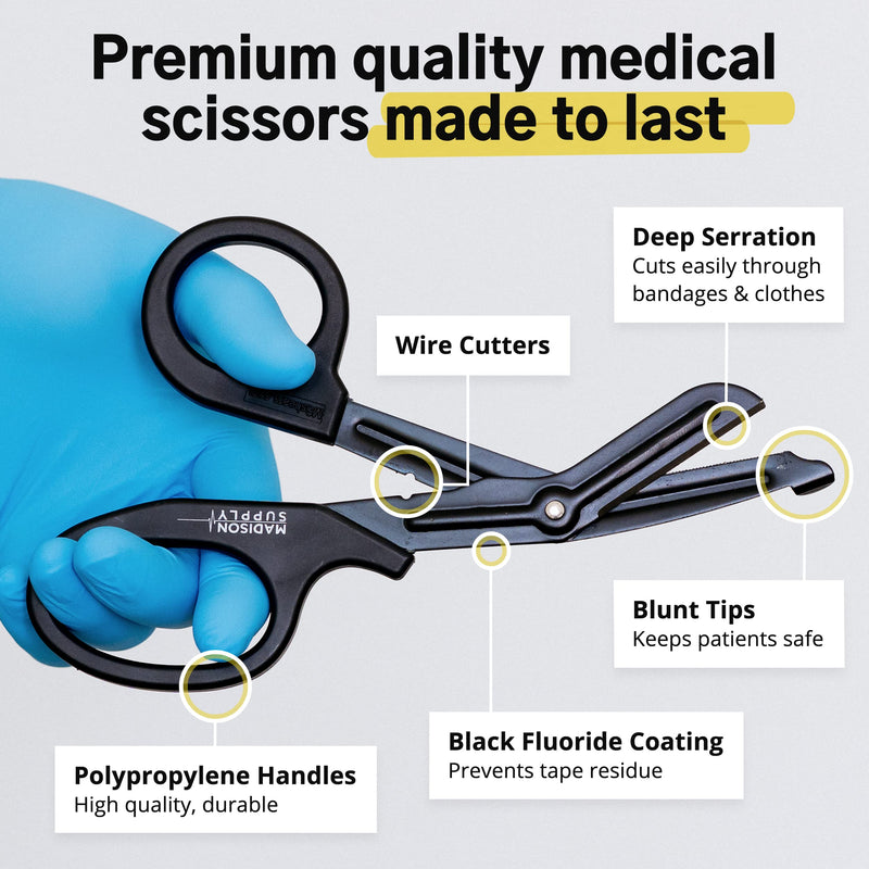 Madison Supply Medical Scissors, EMT and Trauma Shears - 7.5 Inch Premium Quality Stainless Steel Bandage Scissors - Fluoride-Coated with Non-Stick Blades - 1 Pack (Black) Black Handle/Black Coated Blades/7.5" 1-Pack