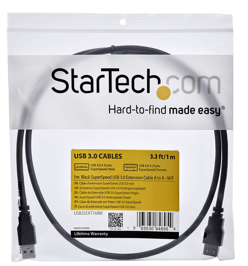 StarTech.com 1m Black SuperSpeed USB 3.0 Extension Cable A to A - Male to Female USB 3 Extension Cable Cord 1 m (USB3SEXT1MBK) 3 ft