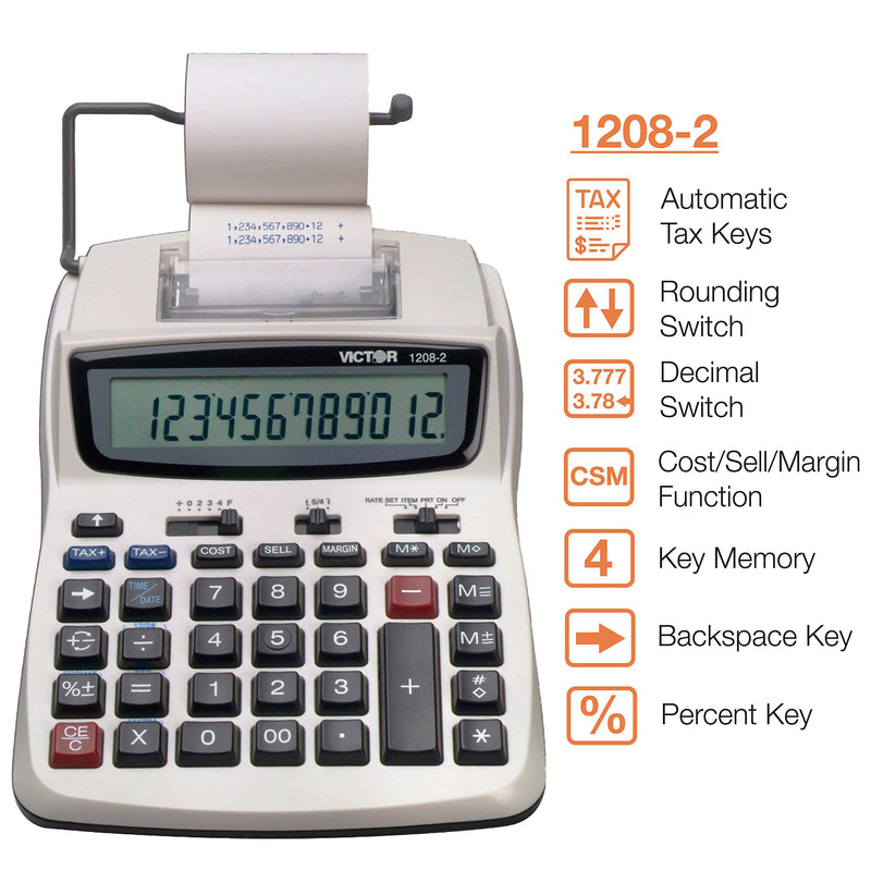 Victor Printing Calculator, 1208-2 Compact and Reliable Adding Machine with 12 Digit LCD Display, Battery or AC Powered, Includes Adapter,White 1.5" x 6" x 7.5"