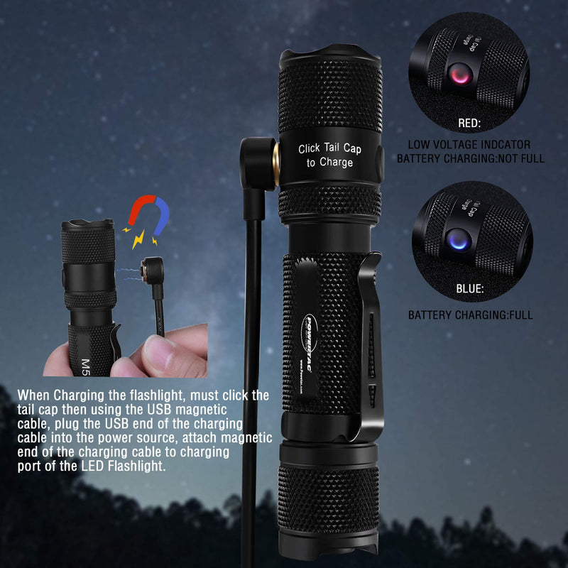 PowerTac M5 Tactical Flashlight, 1300 Lumens LED Flashlight, CREE XM-L2 U3 Flashlights High Lumens, Rechargeable Flashlight with USB Magnetic Charging Cable & 18650 Battery (Holster included)