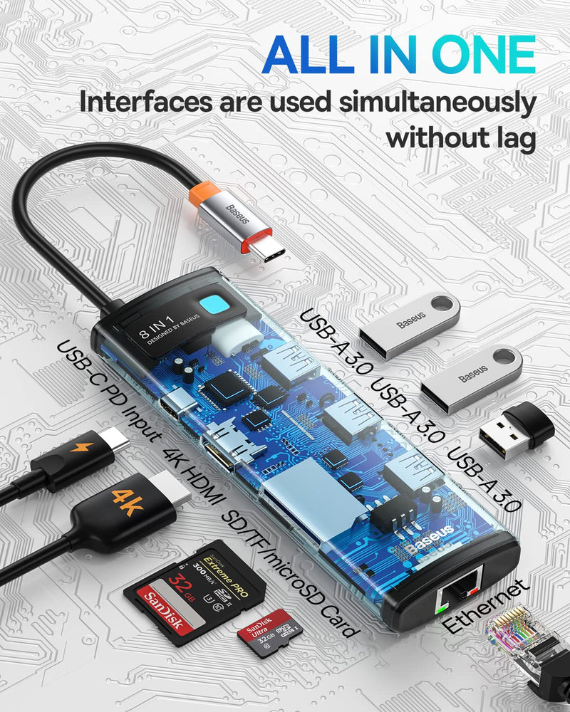 Baseus 8-in-1 USB C Hub Docking Station, USB C Adapter with 4K HDMI, 3 USB 3.0, TF/SD Reader, Ethernet, 100W Power Delivery Compatible with MacBook Pro, Surface Pro, iPad Pro and Other Type C Devices 8 Ports