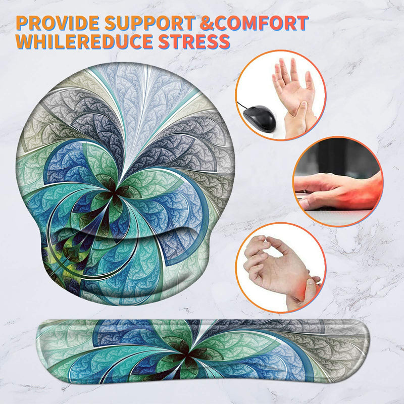 Ergonomic Mouse Pad with Wrist Support and Keyboard Wrist Rest Pad Spsun Non-slip Rubber Base Mousepad for Office Gaming Working Computers Laptop Easy Typing & Pain Relief + Coasters - Fractal flowers