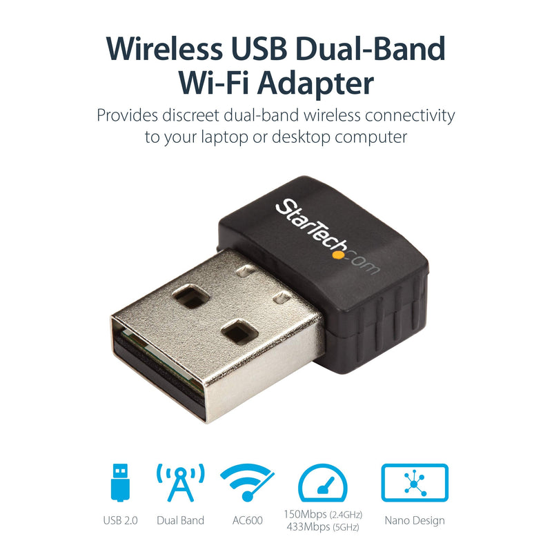 StarTech.com Wireless USB WiFi Adapter – Dual Band AC600 Wireless Dongle - 2.4GHz / 5GHz - 802.11ac Wi-Fi Laptop Adapter (USB433ACD1X1)
