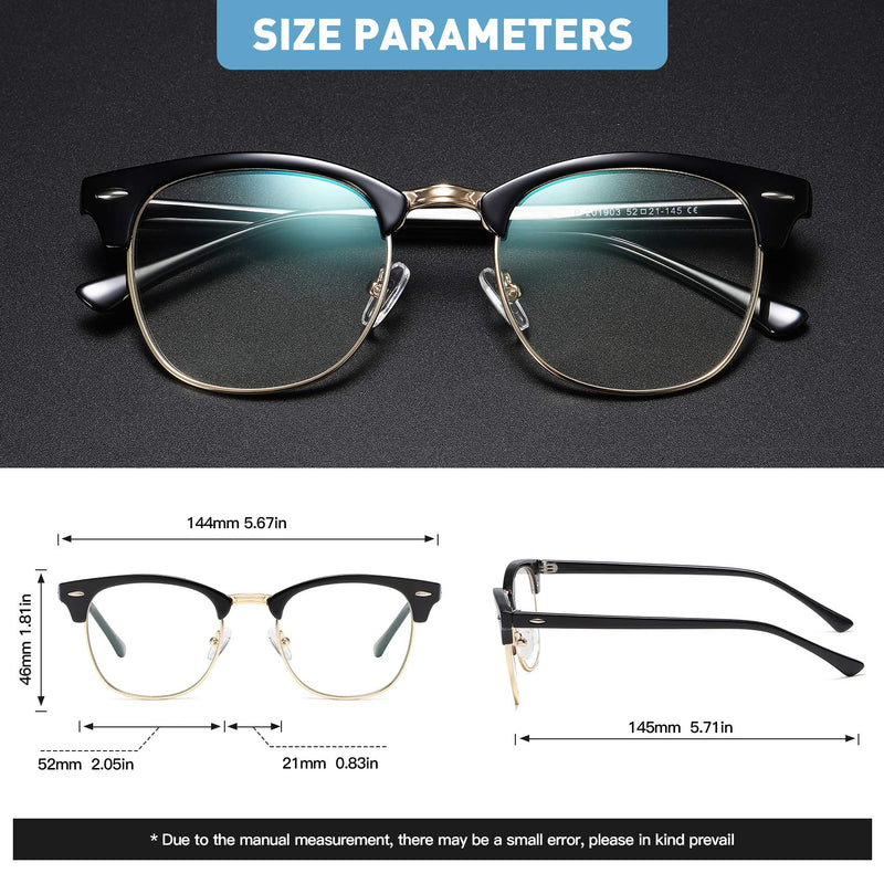 AOMASTE Blue Light Blocking Glasses Retro Semi Rimless UV400 Clear Lens Computer Eyewear For Men Women C1 Bright Black Gold Frame