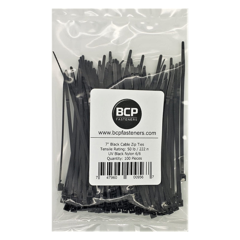 100 Qty 7 Inch Black Nylon 50 lb Cable Zip Ties | Made in The USA | BCP896
