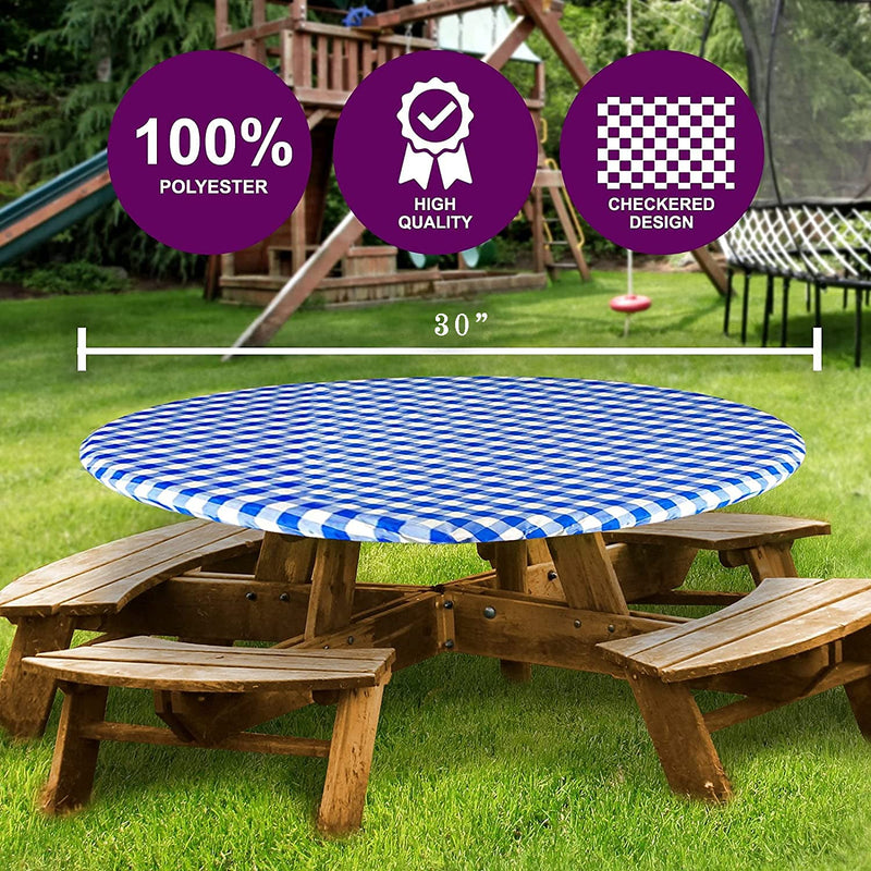 Sorfey Vinyl Round Fitted Tablecloth Cover, Checkered Design, Flannel Backed Lining 30 Inch, Blue 30"