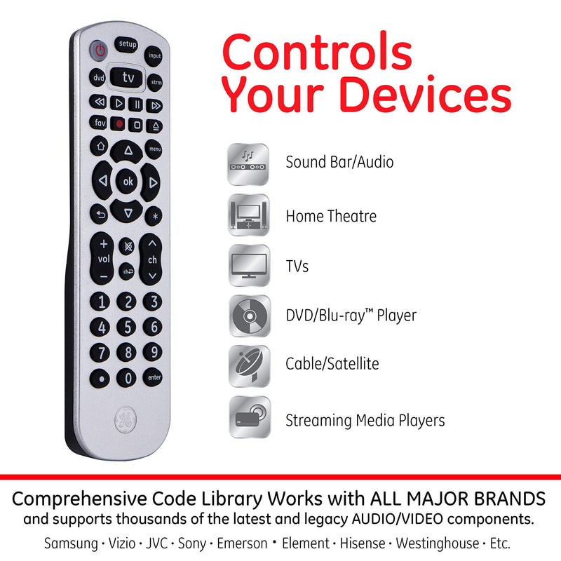 GE Universal Remote Control for Samsung, Vizio, Lg, Sony, Sharp, Roku, Apple TV, TLC, Panasonic, Smart TVs, Streaming Players, Blu-Ray, DVD, 3-Device, Silver, 34928 3-Device Silver